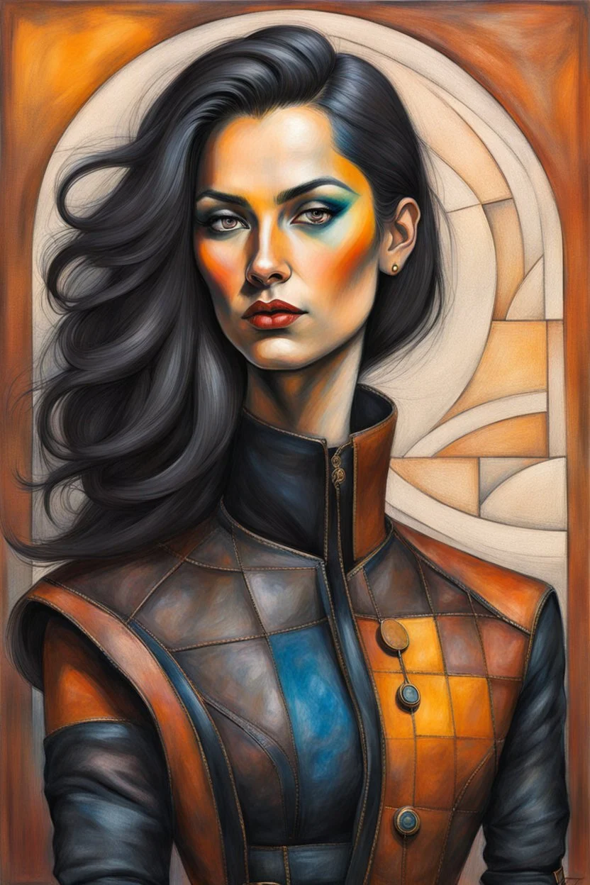 Create a abstract cubist colored chalk and charcoal portrait of an epic fantasy Lankhmar female thief character , slim in stature, with shoulder length hair, finely lined and detailed facial features, in an fur collared leather doublet and breeches , a short oriental cloth belt at the waist, stealthy soft leather slippers, , in the style of Gustav Klimt and Egon Schiele