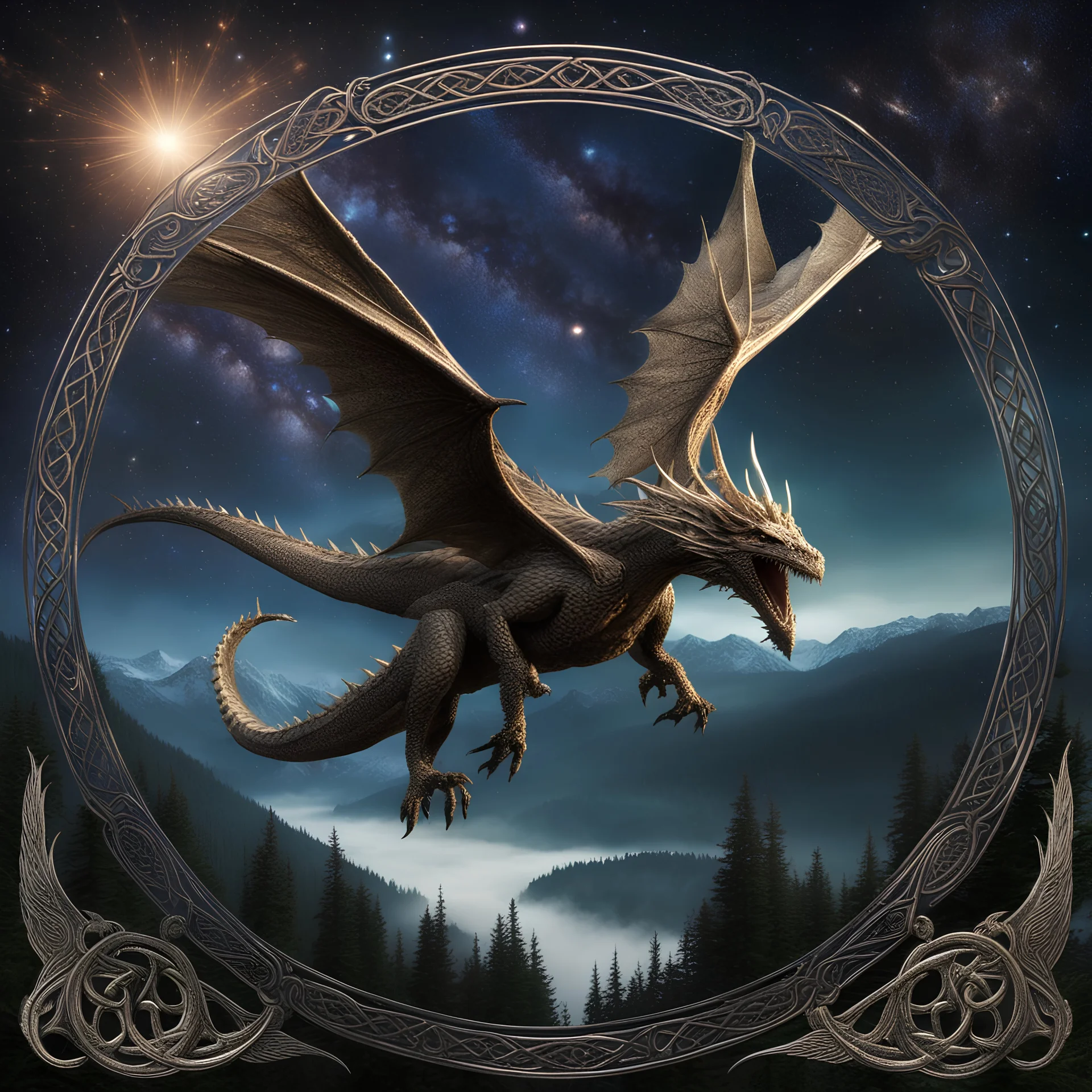 image framed with a thin border of celtic designs, story book cover format, A Skyrim style winged celestial dragon in flight above a forested mountain, against a background of brilliantly glittering stars, hd 4k, fine sharp detail