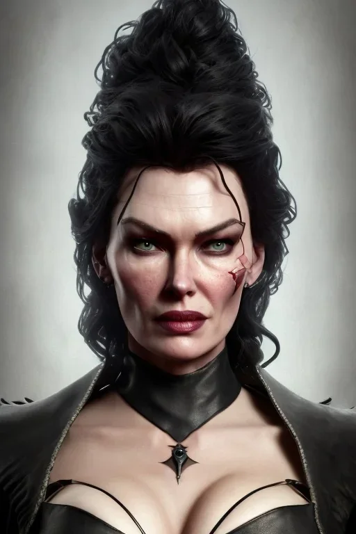 Lena Headay as evil queen in black leather, busty, cleavage, voluptuous, lena headay, angry, stern look. character design by cory loftis, fenghua zhong, ryohei hase, ismail inceoglu and ruan jia. unreal engine 5, artistic lighting, highly detailed, photorealistic, fantasy