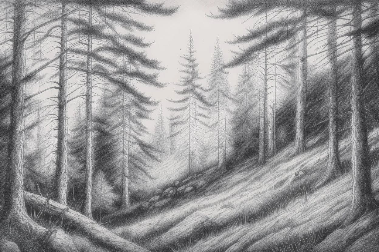 Norwegian forest, woodland- Pencil drawing, realistic, graphite