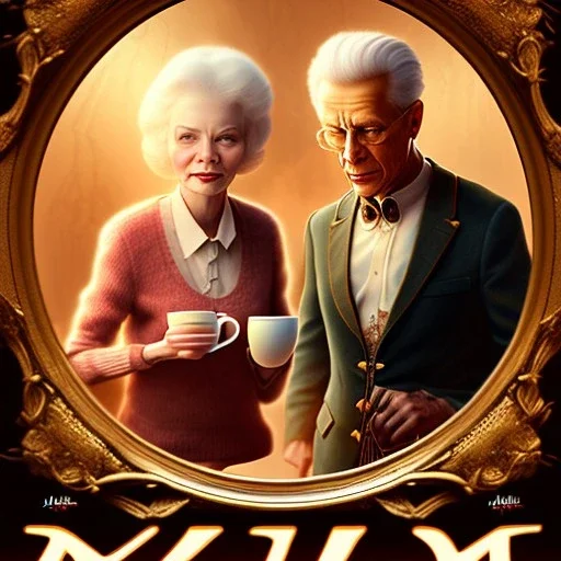 fantasy art, movie poster, sexy old woman and her husband drinking tea under a smoking mirror