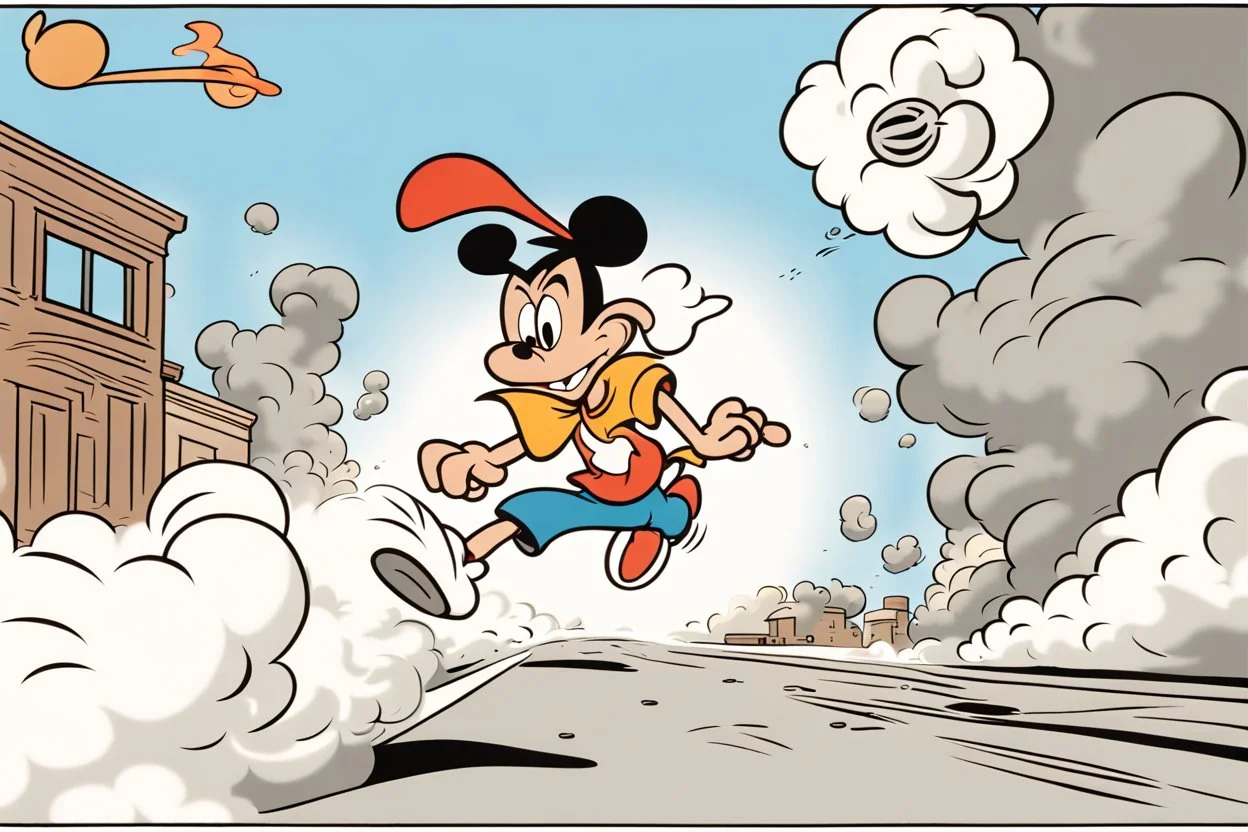 mostly sky, ground line at bottom, small cartoon character on the bottom right running towards the right side, leaving behind a puff of smoke. style of looney toons cartoon