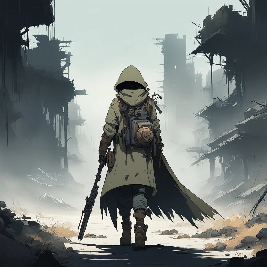 Concept: A lone anime character traveling through a desolate, post-apocalyptic world filled with ruins, mechanical wreckage, and overgrown nature. The character is equipped with scavenged gear, a long cloak, and futuristic weapons or tools. • Color Palette: Dusty, desaturated tones like grays and browns for the environment, with the character in muted greens, blues, or reds to add depth