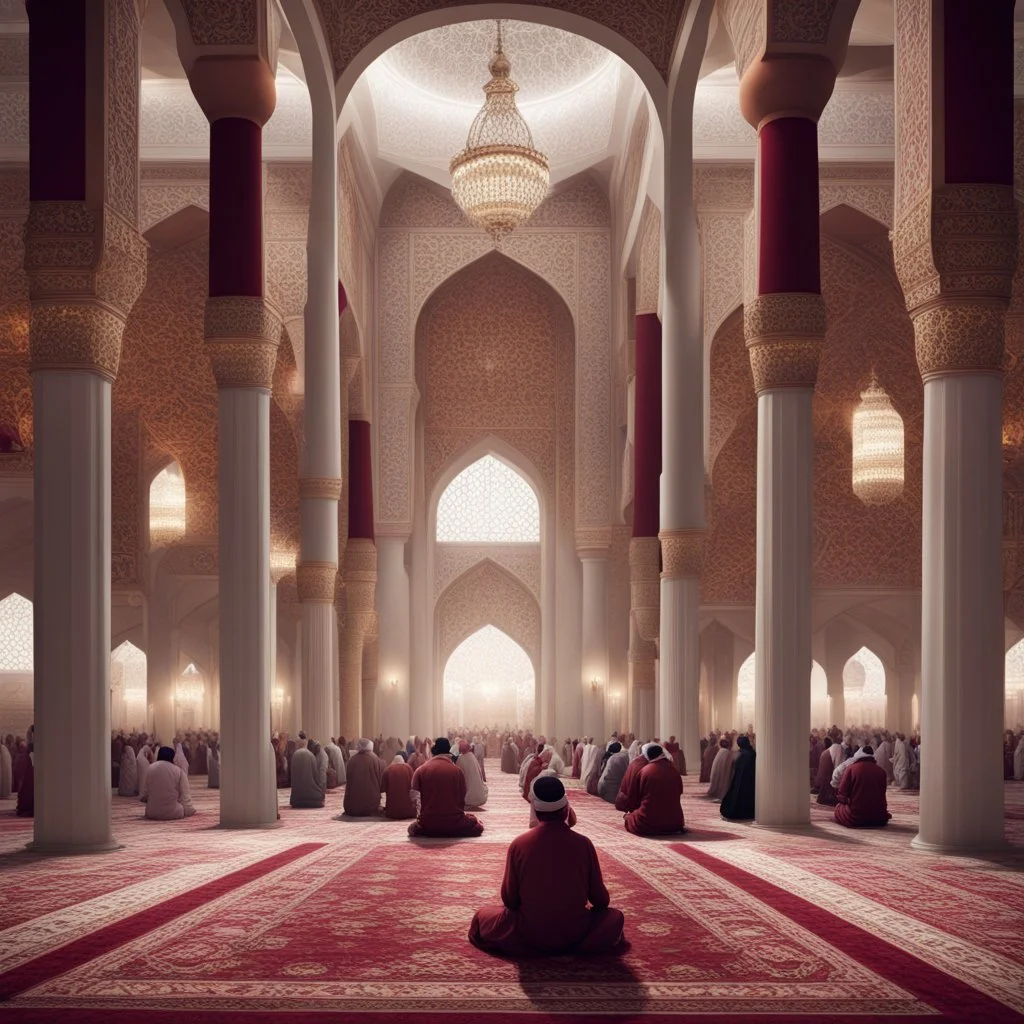 Hyper Realistic photographic-view of lots of Muslims praying inside a huge Mosque-hall-with-white-&-maroon-walls-&-fancy-pillars decorated with traditional-lamps & beautiful carpets at night showing dramatic-&-cinematic-ambiance