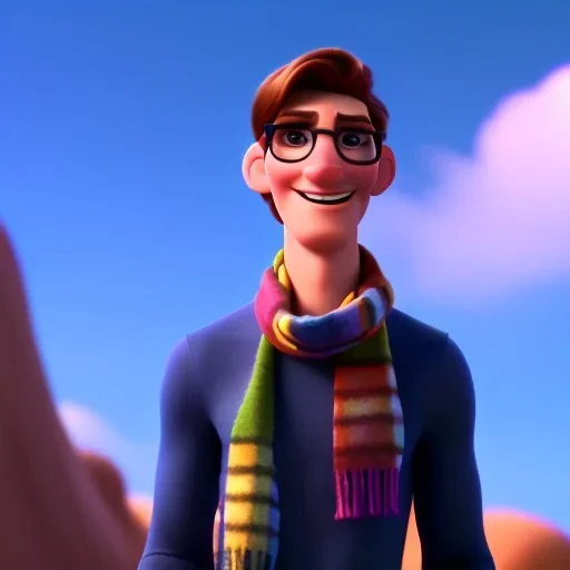 A hipster with a scarf and shades. He is tall, thin, and smirking