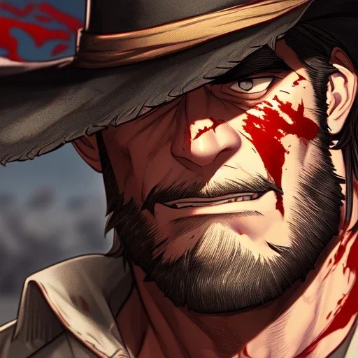Clear focus, High resolution, max detail, Portrait, bearded, Gunslinger, Cowboy, cowboy hat, serious face, Blood Splatter