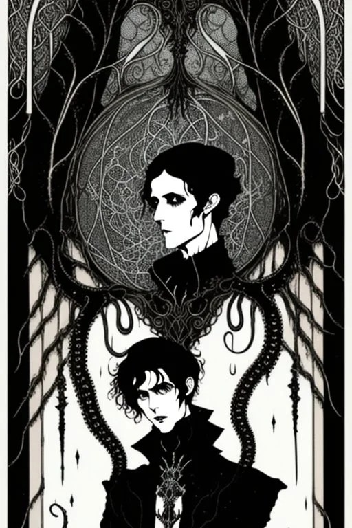 black haired young man necromancer wizard with gothic jewelry and tentacle fingers in the style of Harry Clarke