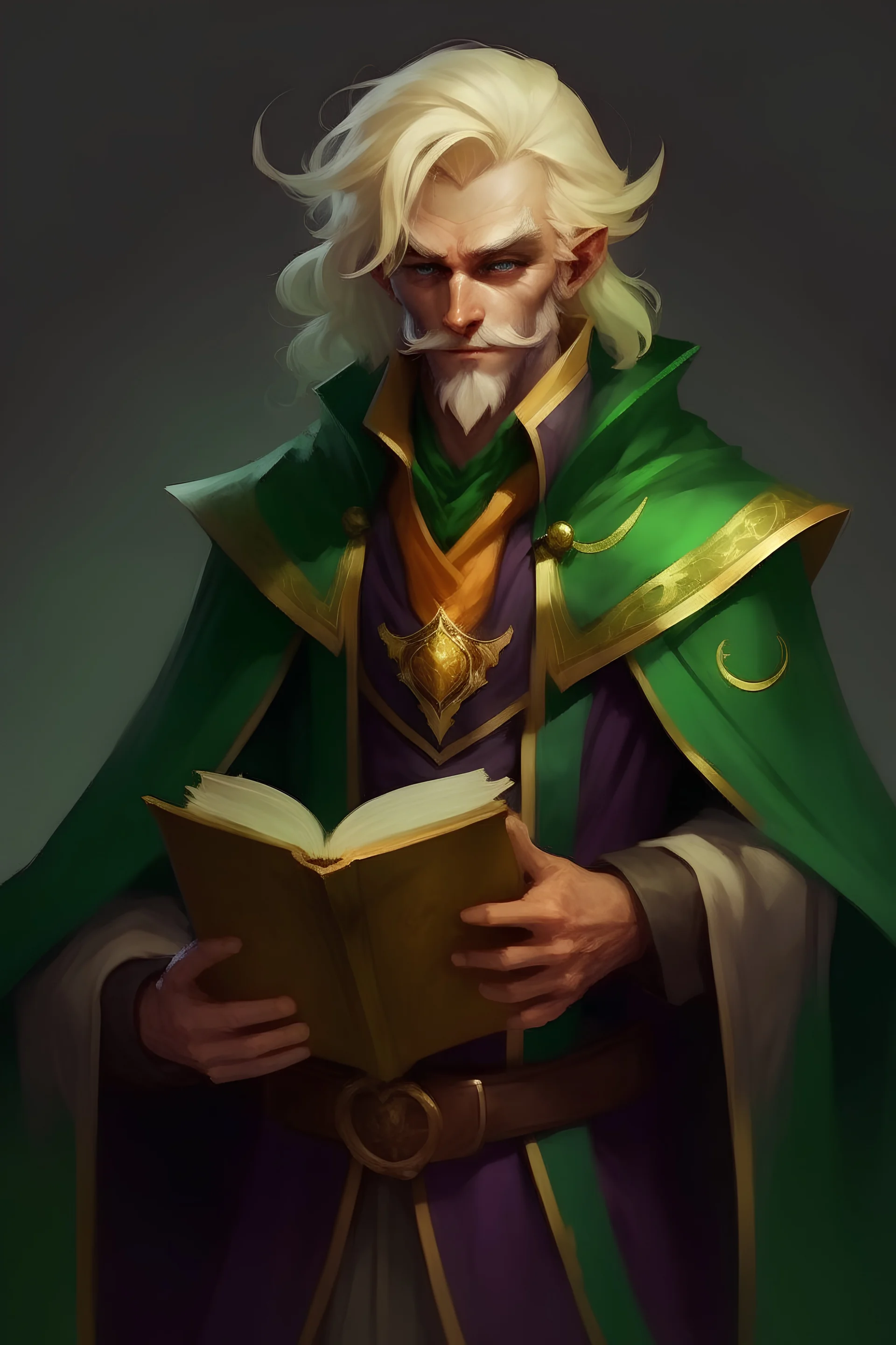 wizard with a mask to protect his identity. Tan skin and blond hair. His house colors are hunter green and deep purple. lore master he always carries a book