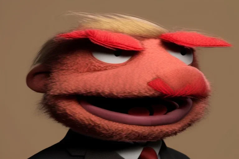 Angry muppet trump in suit, no tongue, looking forward, face, SmallEr, round puffball nose