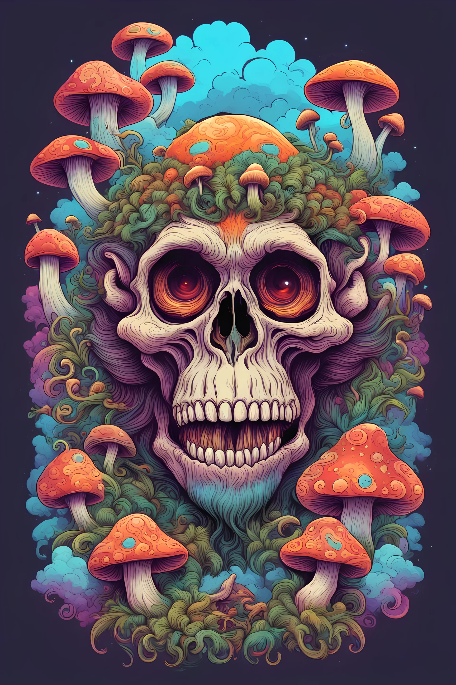 Psychedelic monkey skull surrounded by clouds and overgrown with psychedelic mushrooms. Digital drawing. Colorful. t-shirt design. Cartoon. Digital cartoon. Mid detailed