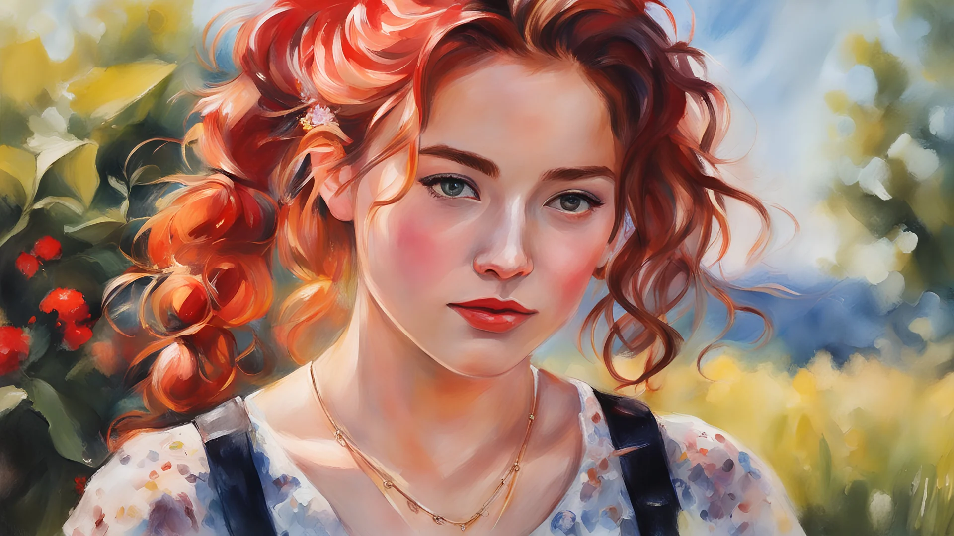 acrylic illustration, acrylic paint, oily sketch, (masterpiece, best quality), 1girl, collarbone, wavy hair, looking at viewer, blurry, upper body, necklace, suspenders, floral print, ponytail, freckles, red hair, sunlight,