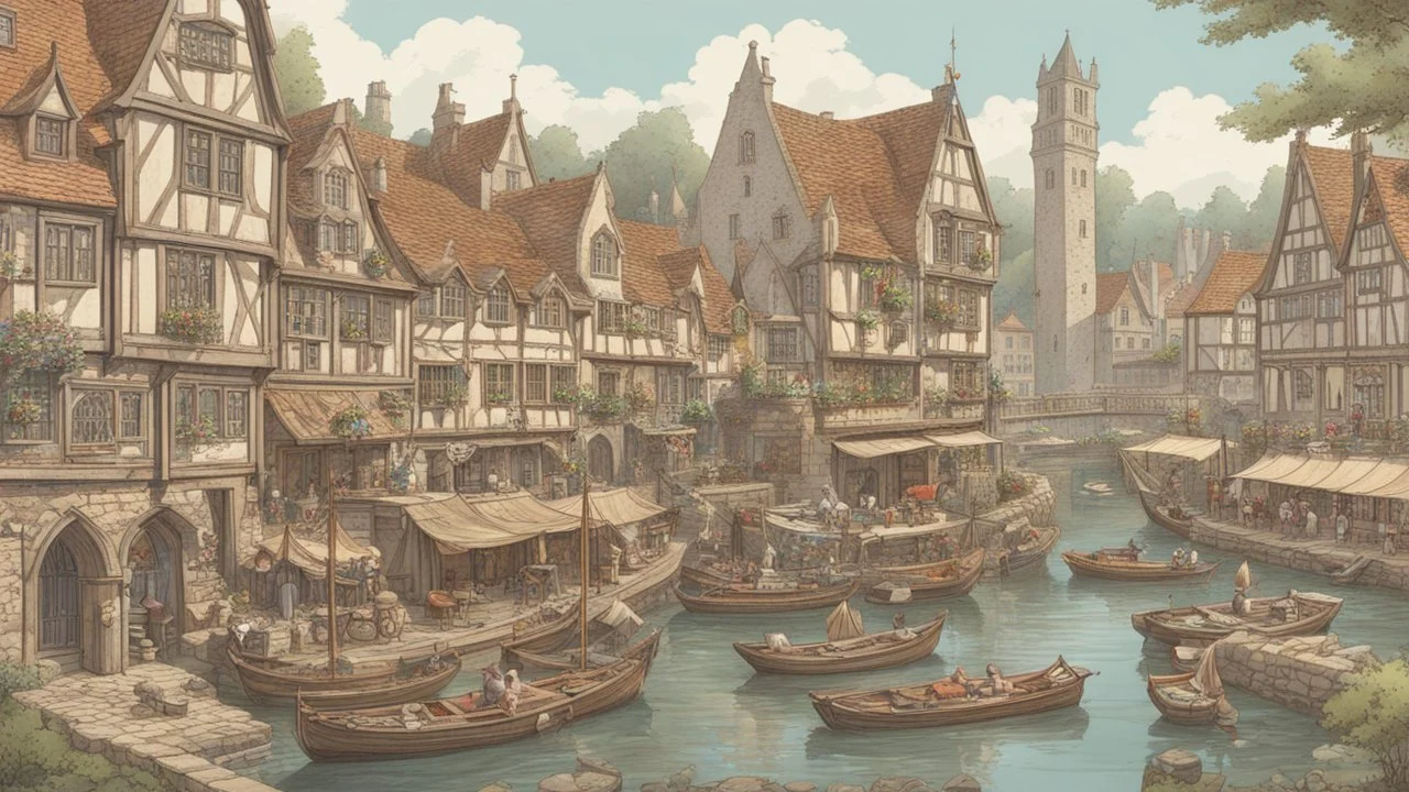 gothic medieval harbour with ships, piers, houses, shops, inns, balconies, plants, people, market