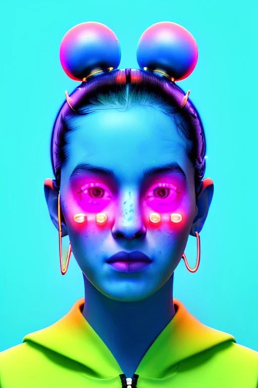 Ultra Realistic image, Rosalía artist, waist up portrait, black eye line, sweet angry face , gold, blue, pop style, pink spray line make up, geometric, led lights, neon, rings piercing, led ornament, fog, bubble latex coat, vibrant color, highly detailed, art stations, concept art, smooth, unreal engine 5, god rays, ray tracing, RTX, lumen lighting, ultra detail, volumetric lighting, 3d, finely drawn, high definition, high resolution.