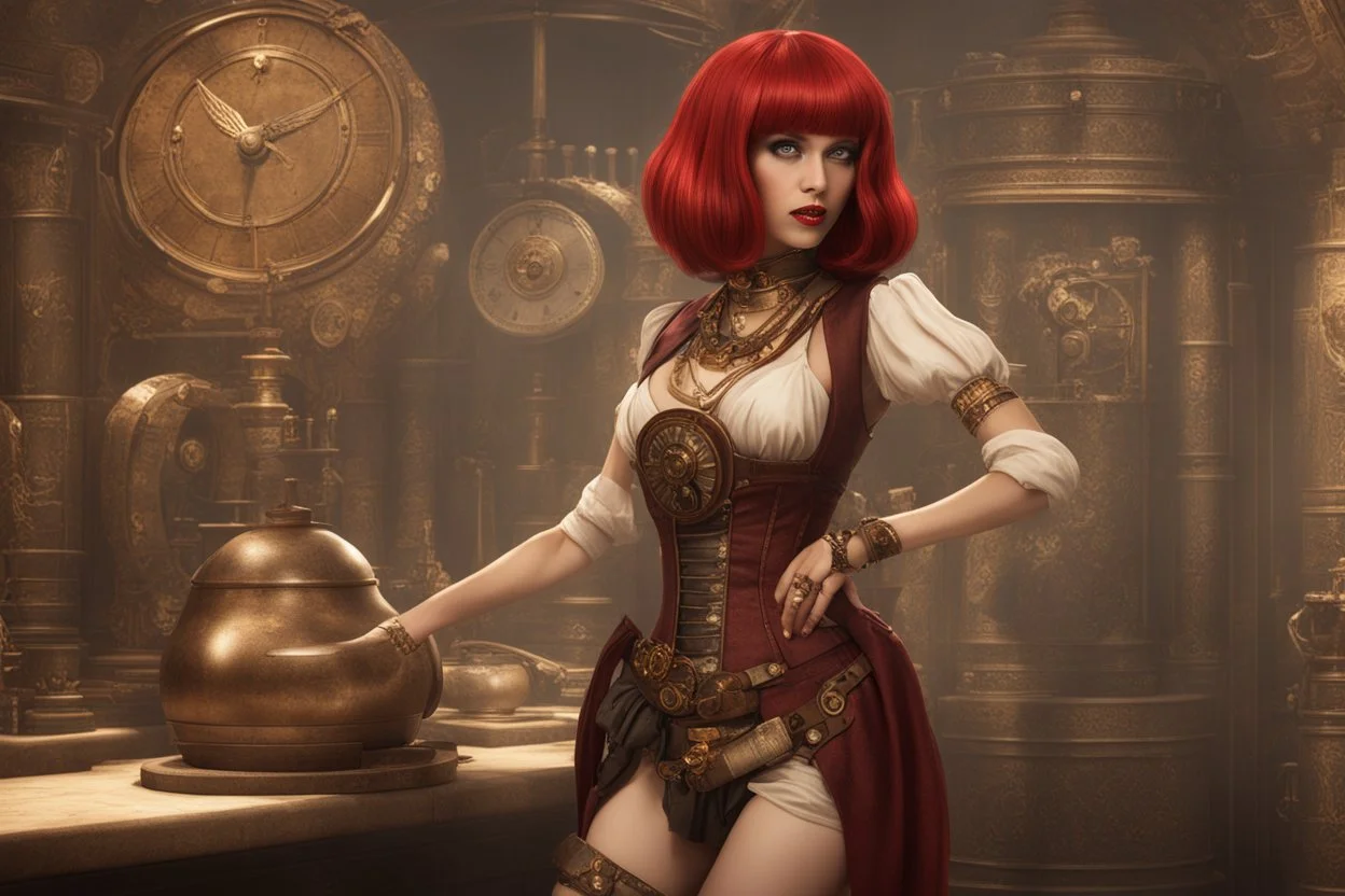 full body shot of a skinny Cleopatra, with a bob red hairstyle, standing in a steampunk setting.