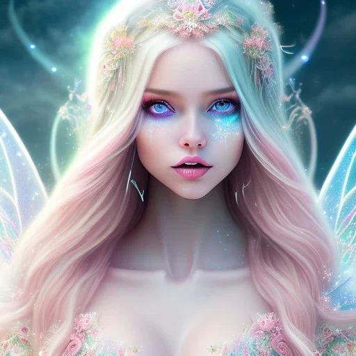 beautiful, soft, big smile face, whole head, long straight blonde hair blues eyes, crown on the head, clothing in transparent bluish and pink veil,fairy wings on the back, background brillante bluish and pink, hight definition, 8K