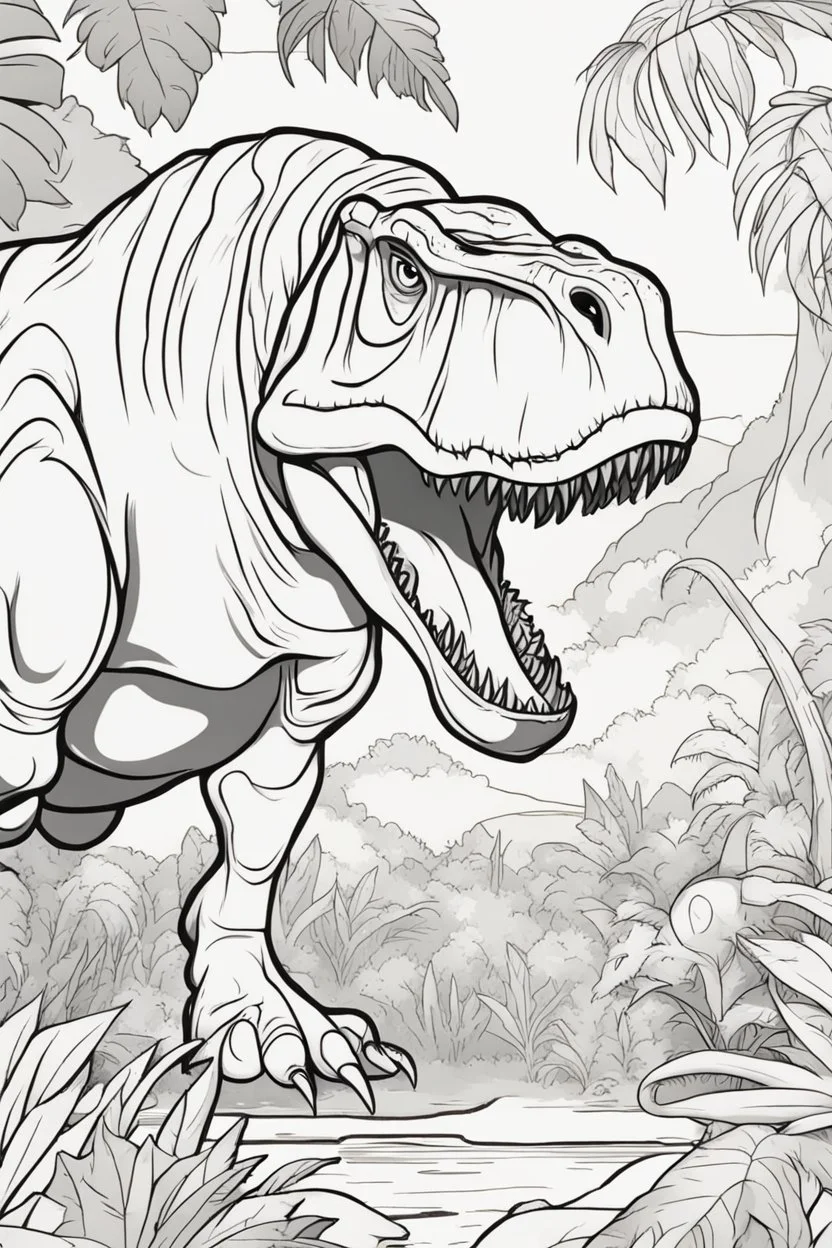 coloring page for kids, tyrannosaurus rex in jungle, cartoon style, thick lines, low details, no shading