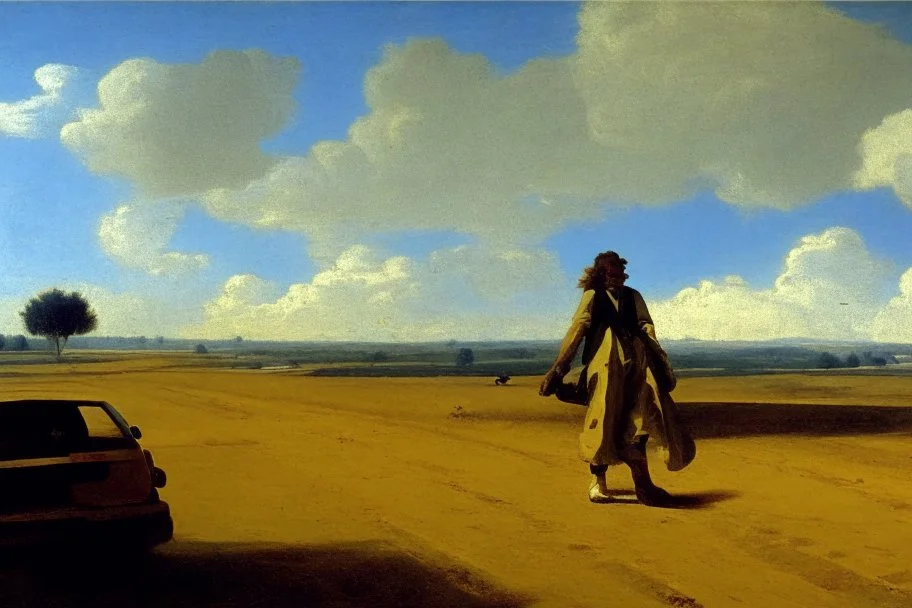 man with the gun walking among cars on dry field by poussin