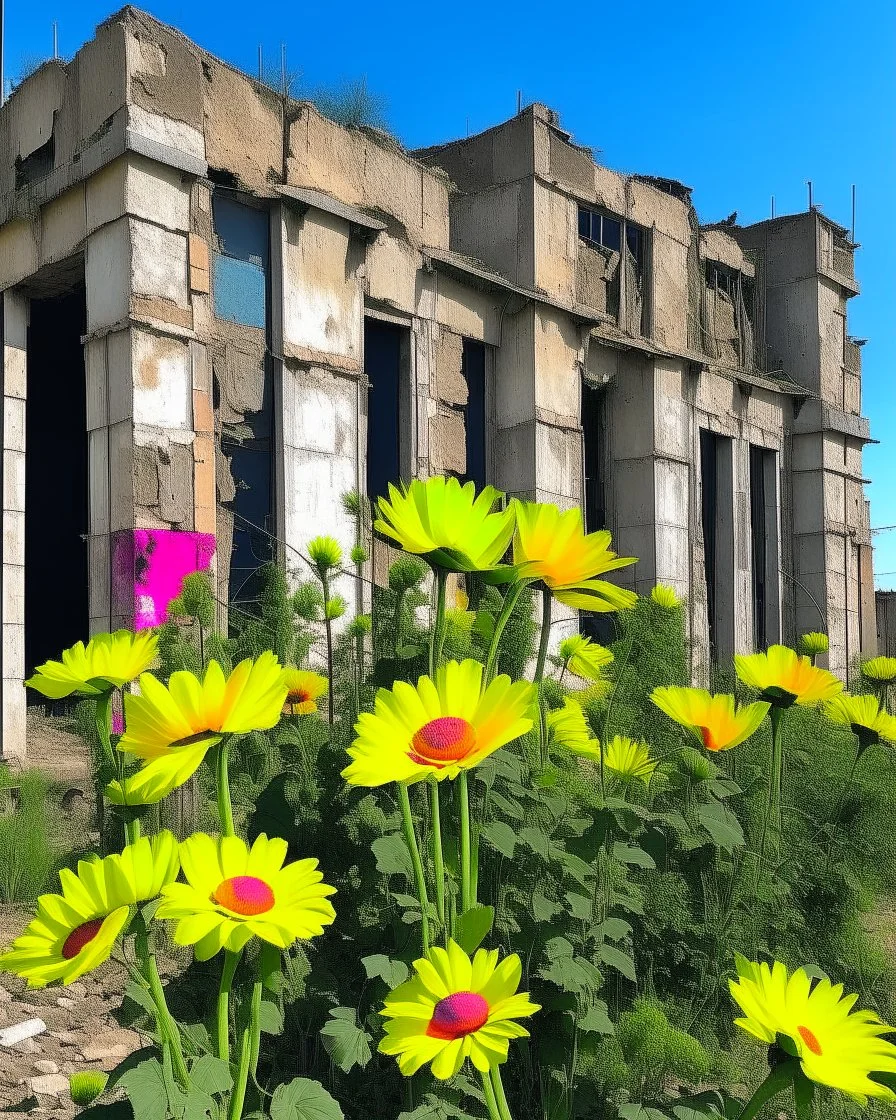 flowers of peace blooming on damaged building in war torn city