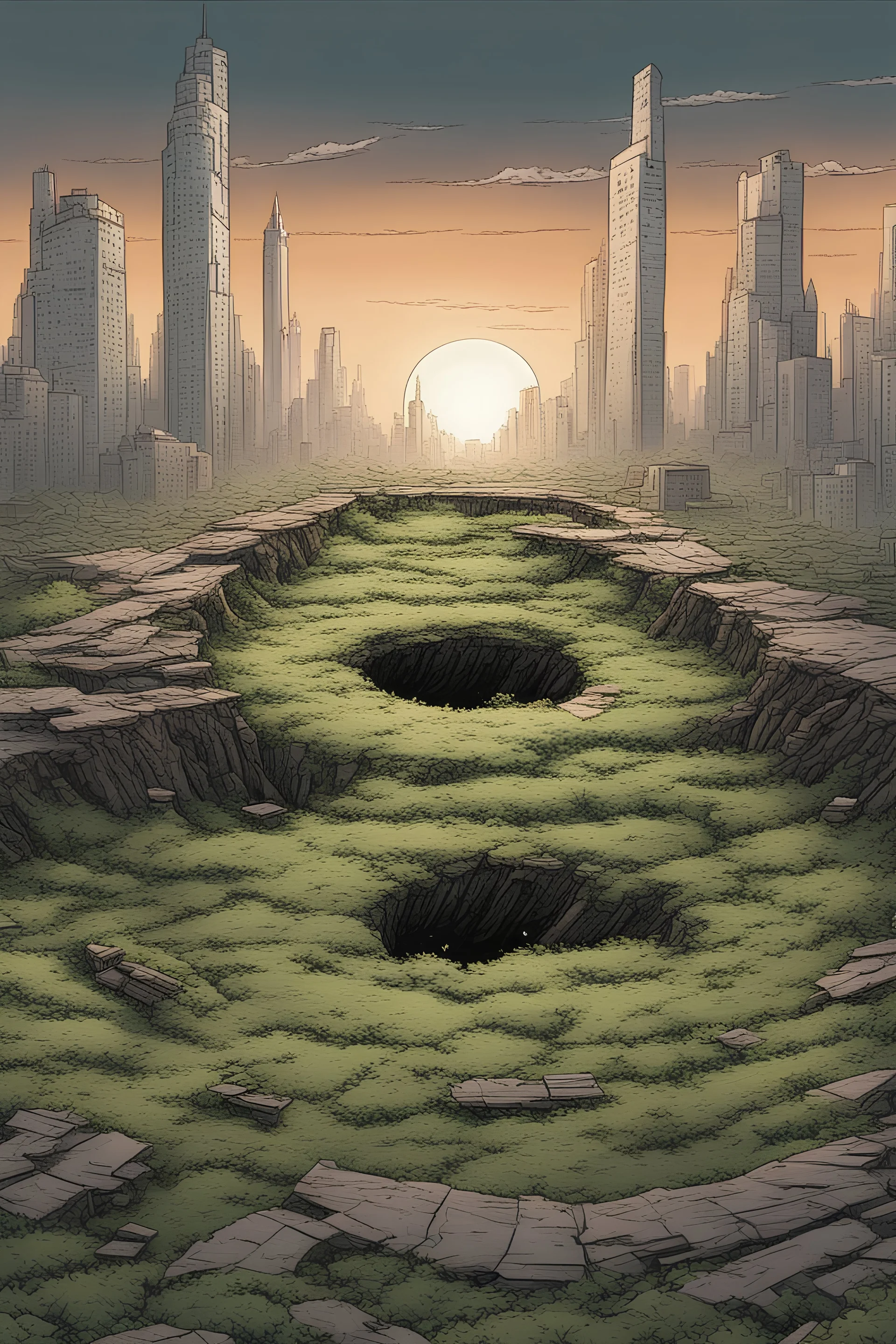 Giant sci fi hole on the ground,overgrown apocalyptic city ,comic art