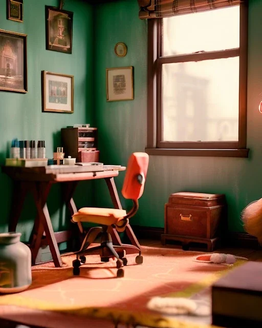 Room scene with simple hair monster, Wes Anderson style, realistic photo, sweet, concept art, smooth, unreal engine 5, god lights, ray tracing, RTX, lumen lighting, ultra detail, volumetric lighting, 3d.