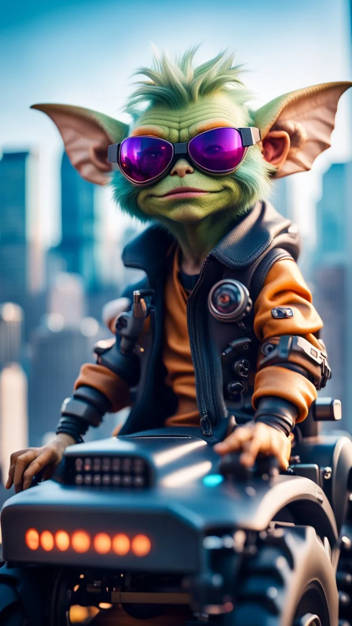 portrait of Hairy Gremlin pimp ninja cyber punk in flying hipster tractor parked on top of sky scraper,bokeh like f/0.8, tilt-shift lens 8k, high detail, smooth render, down-light, unreal engine, prize winning