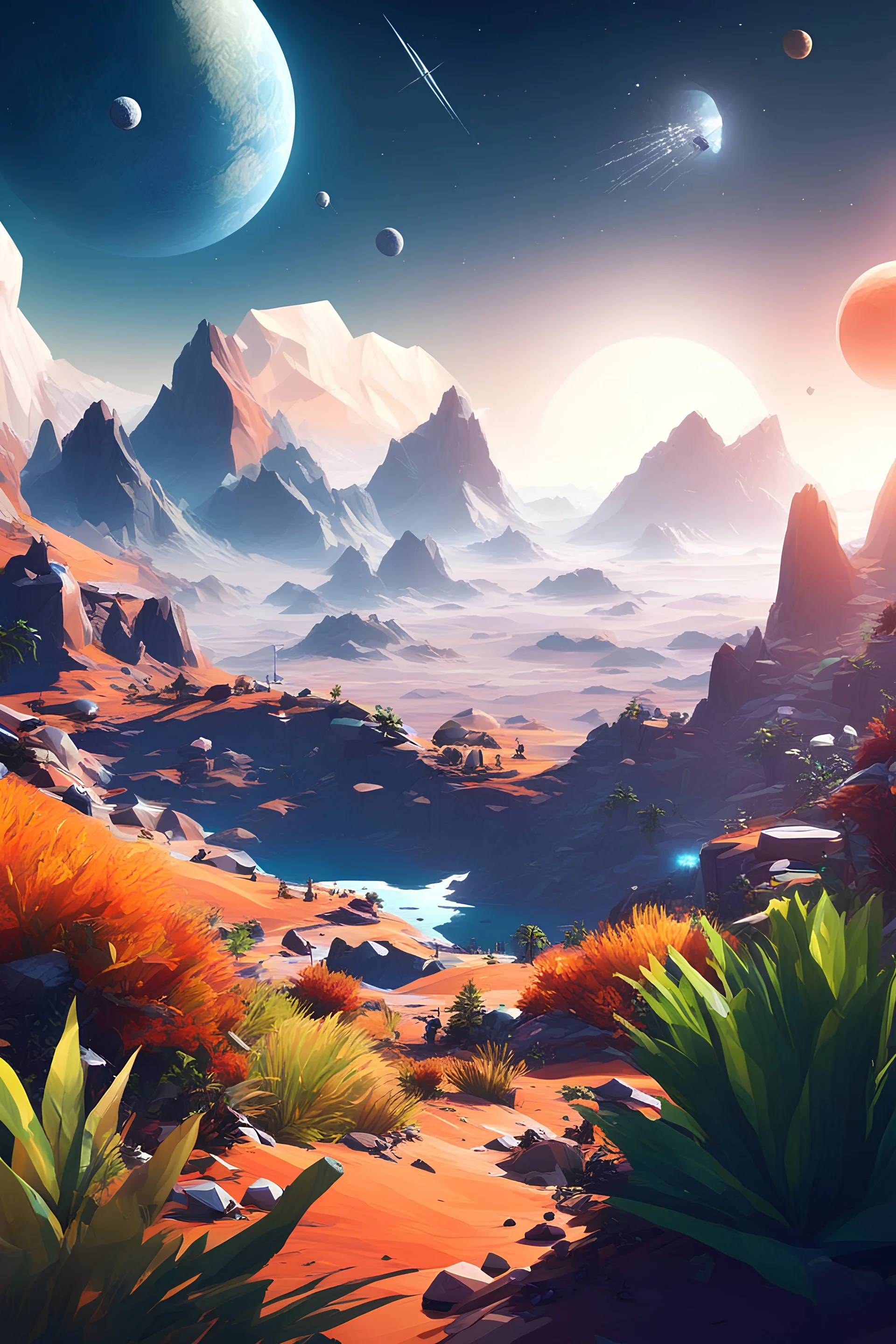 (((close midshot))), (((low poly art:2))), (astronaut), ultra-detailed illustration of an environment on a dangerous:1.2 exotic planet with plants and wild (animals:1.5), (vast open world), astroneer inspired, highest quality, no lines, no outlines candid photography. by Lekrot