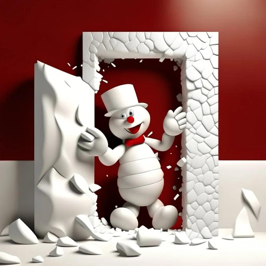 3d Christmas snowman, breaking out through a wall, plaster texture, white and red, 3d background