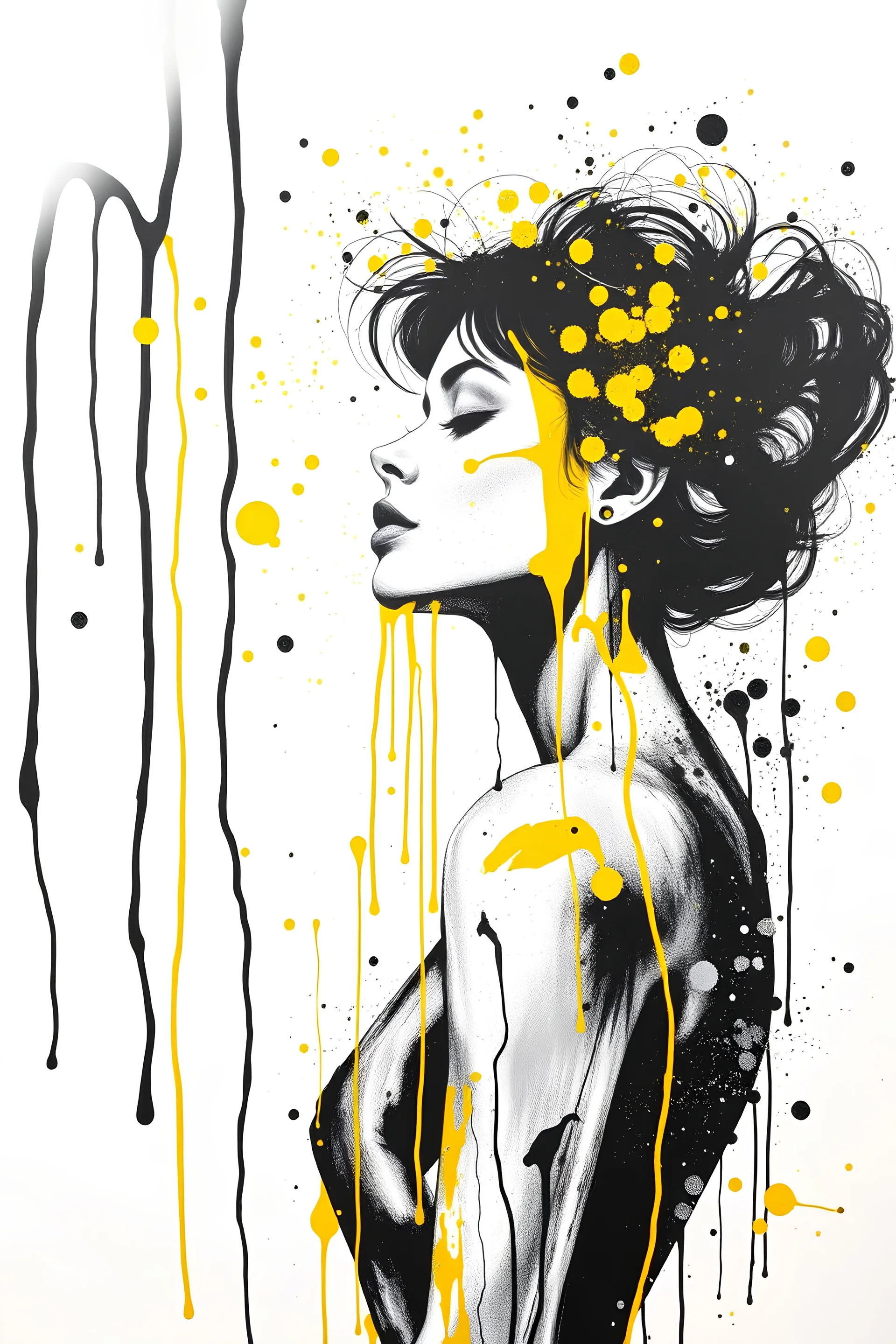 woman show, abstract splatters and drips, Monochrome with yellow accents, white background