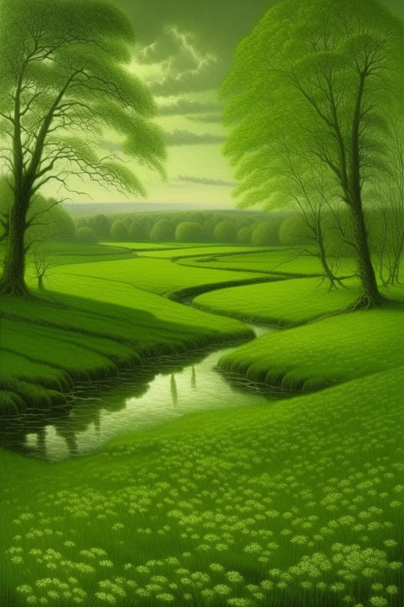 A green prairie with a river painted by John Atkinson Grimshaw
