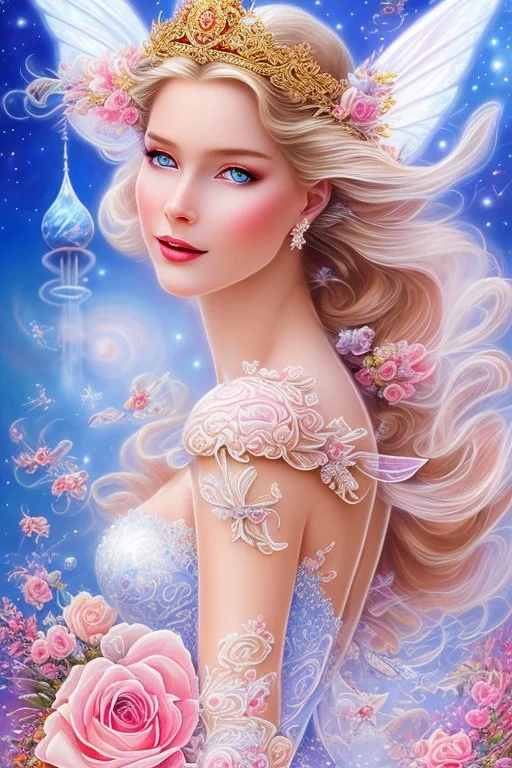 Magnifique woman, lady fairy, facing happy, voluptuous white, pink enchanted flowers, wings magic, long big dress, pink outerspace stars planets, Beautyful smiling, young woman, long hair amazing blue eyes, flowers, happy cosmic, bright colors, blue, pink, gold, jewels, realistic, photo real, clear sunny background, highly detailed, high contrast, 8k high definition, unreal engine 5, extremely sharp detail, light effect, sunny light background