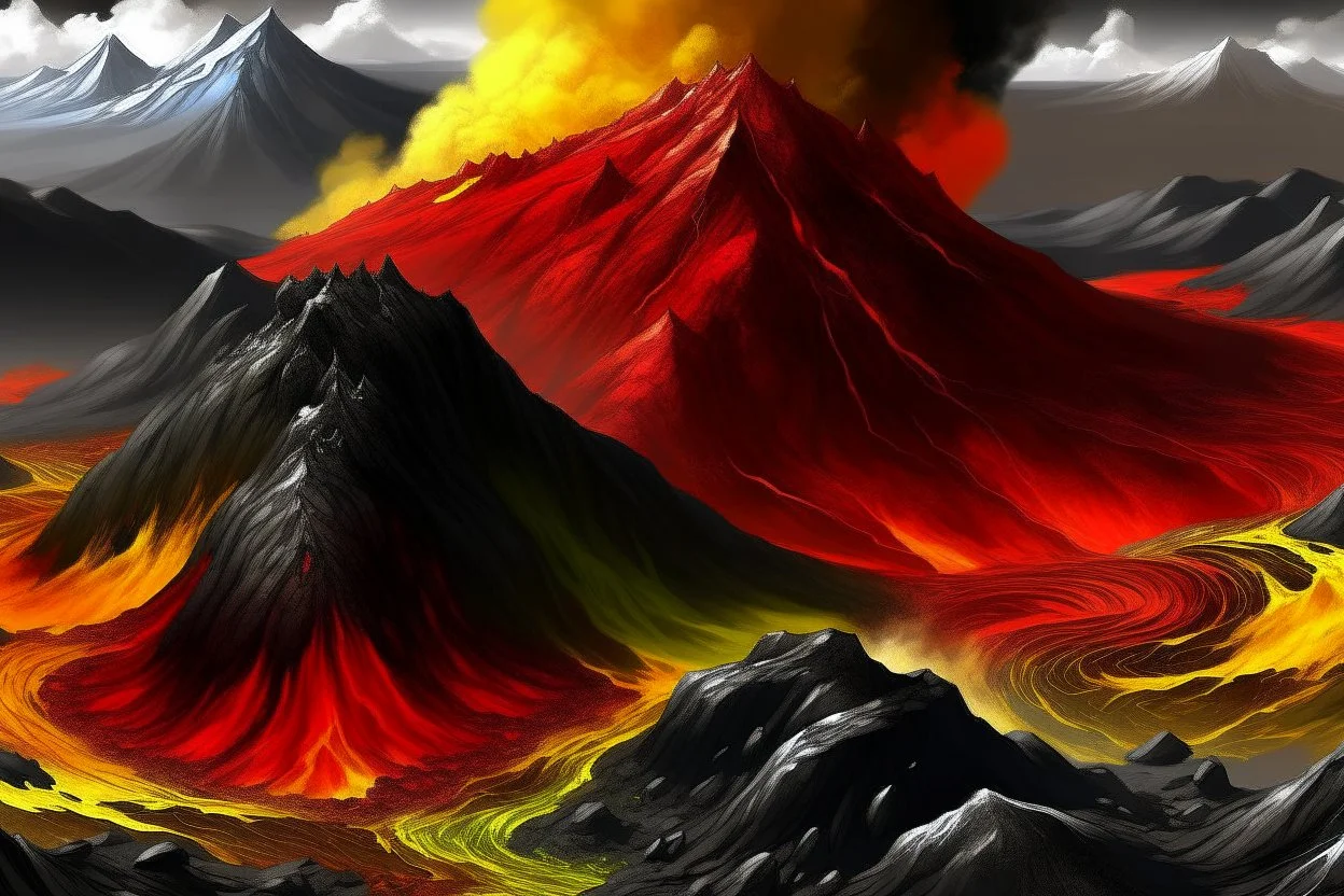 acidic soil with lava and mountains , red white yellow black colors , magic the gathering style, hyper realistic style