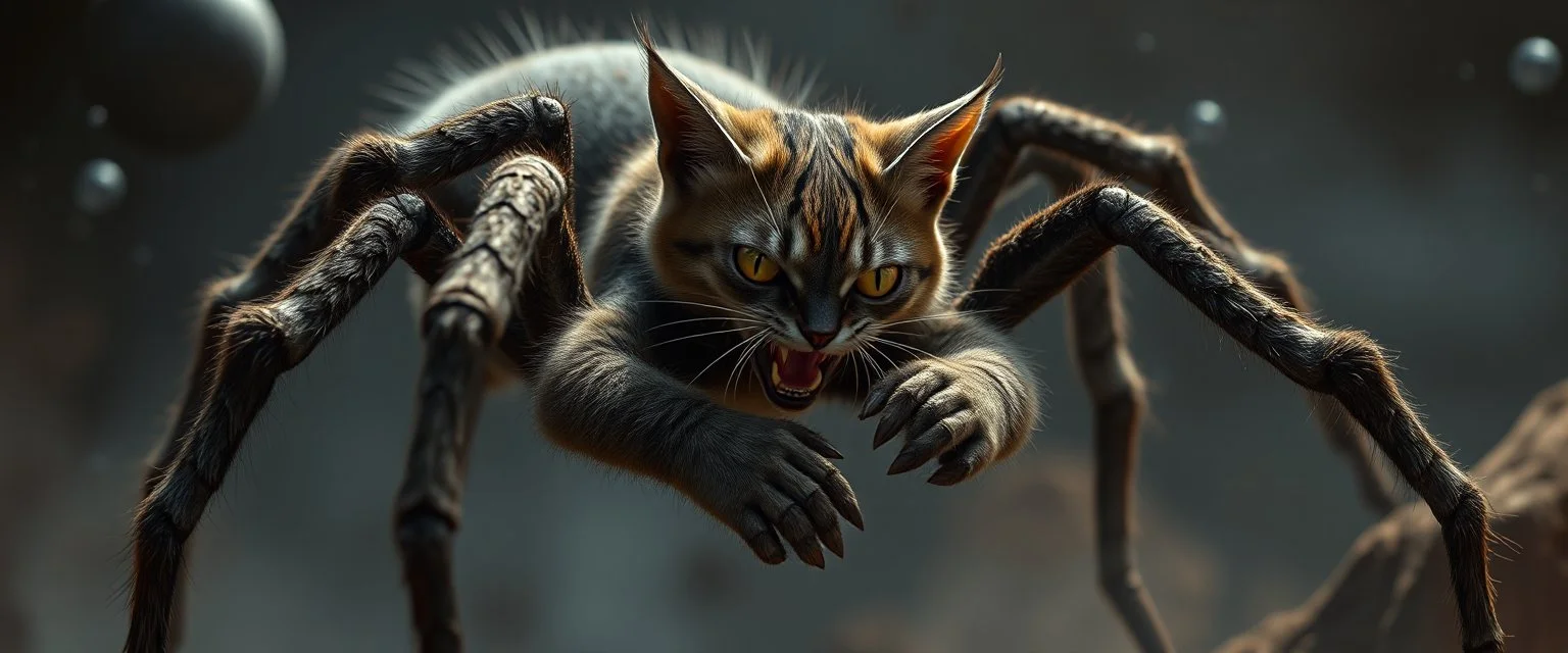 vampire space spider cat holding a human in its grip