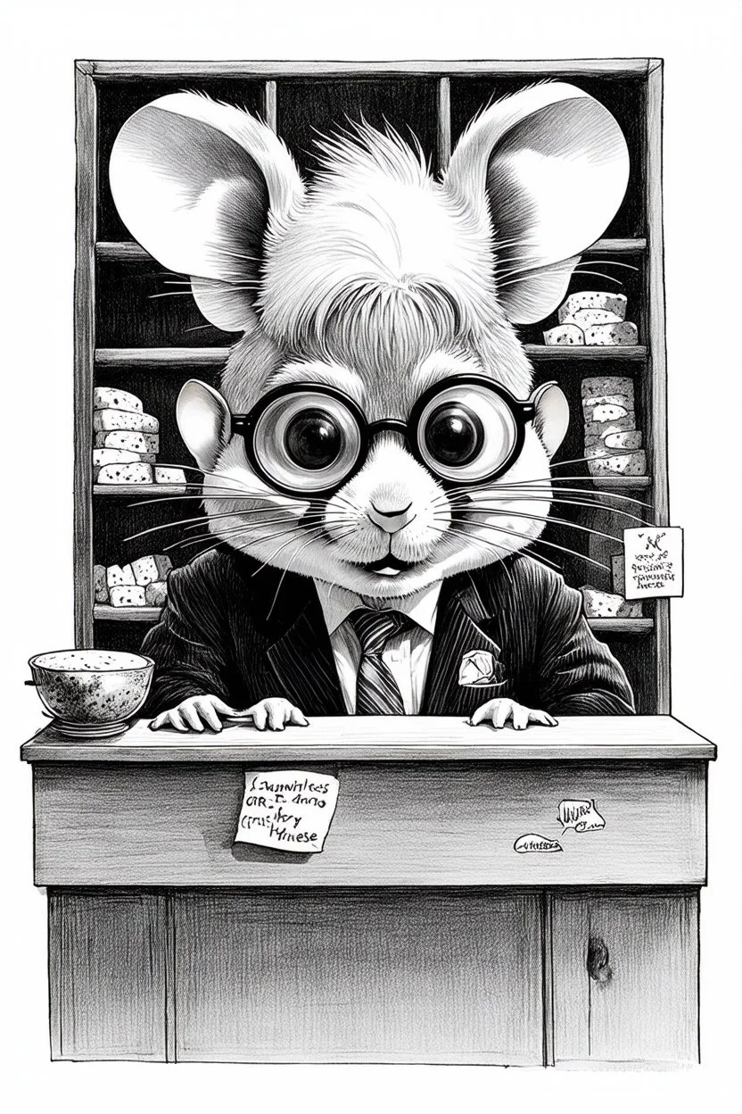 - “Mr. Whiskers McStreusel crazy old mouse inside his magic cheese shop, a wiry fellow with wild white hair and glasses so large they practically covered his whole face.” charcol sketch on white background