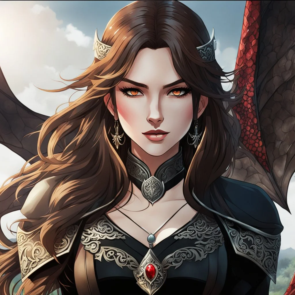 Icon or avatar. An arrogant looking young woman with pale skin and long brown hair in an outdoor fantasy setting with intricate details with a dragon flying in the far distance. She is smirking, wearing black and read leather, has red eyes, an air of malevolent power surrounds her. Anime style. High definition.