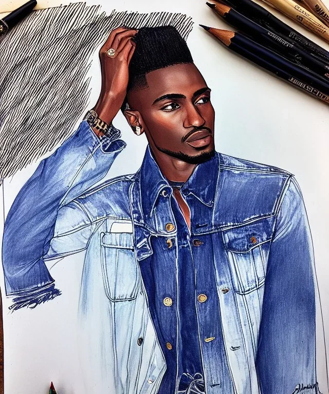 Fashion illustration, fashion drawing, Croquis, Hussein Suleiman, Jefferson Osei, Abderrahmane Trabsini, mudcloth denim jacket, kente cloth, jeans, flare leg, African American model, Luke Edward Hall