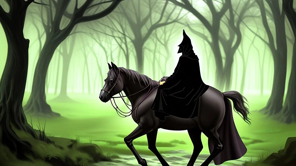 Dark robed wizard on a horse in the forest