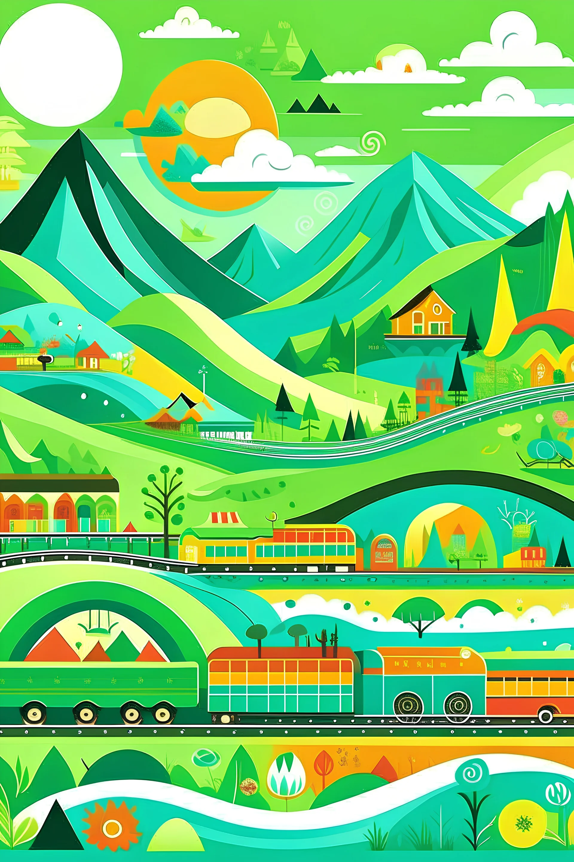 Many trains and high-speed railways contribute to a prosperous era, while green waters and mountains signify sustainable development, and poverty alleviation.To create artwork suitable for children, suggest a style that incorporates playful colors, whimsical elements, simple shapes, cartoonish characters, a storytelling narrative, and child-friendly imagery.