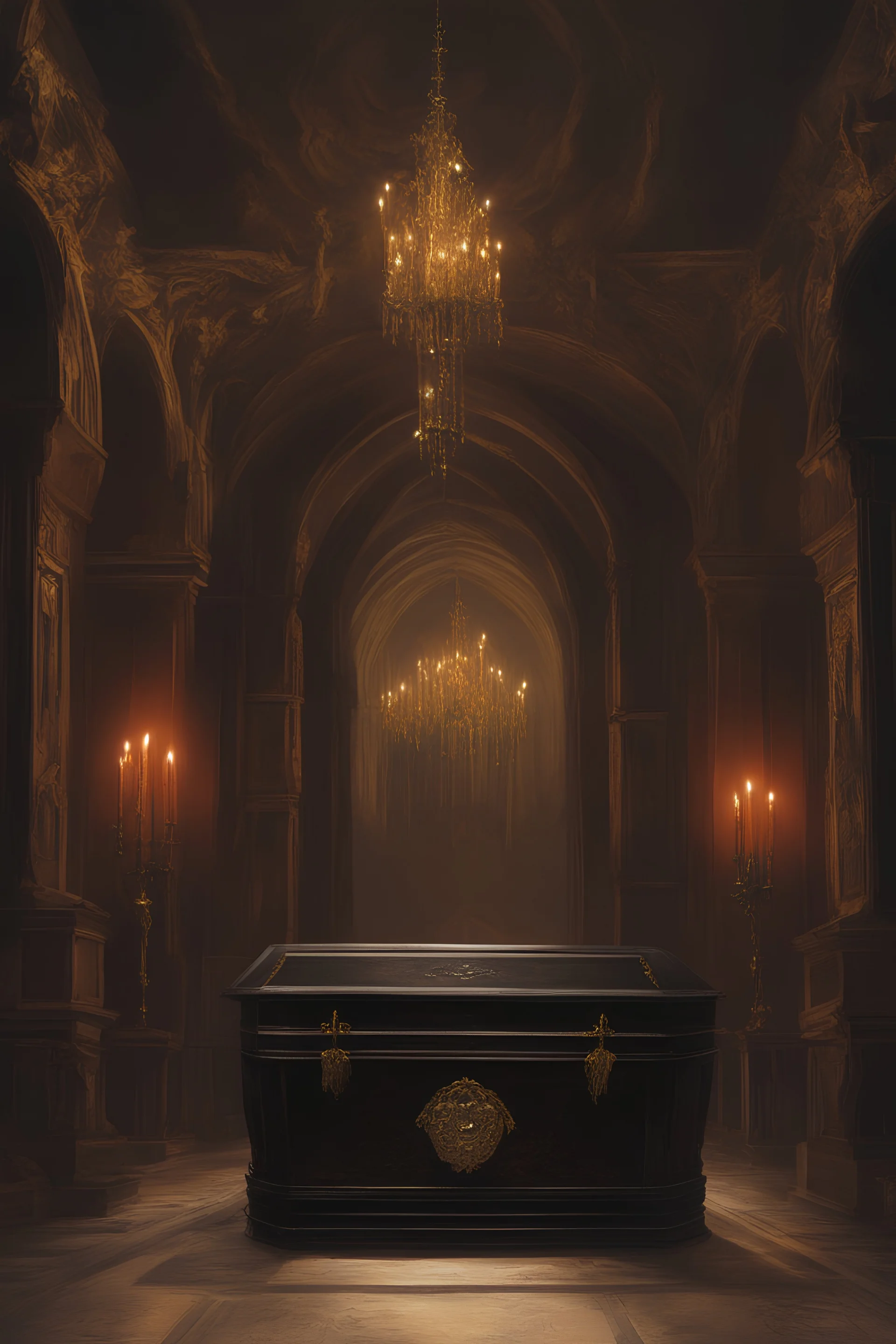 Toomb of the vampire Count Strahd Von Zarovich. Grand room, dark, black coffin made of polished ebony wood and brass.