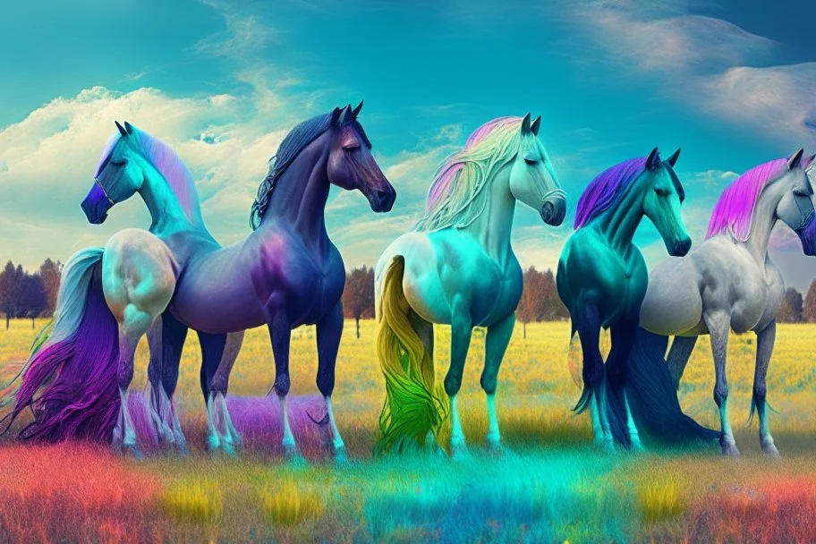 fantasy horses of different colors standing on a field