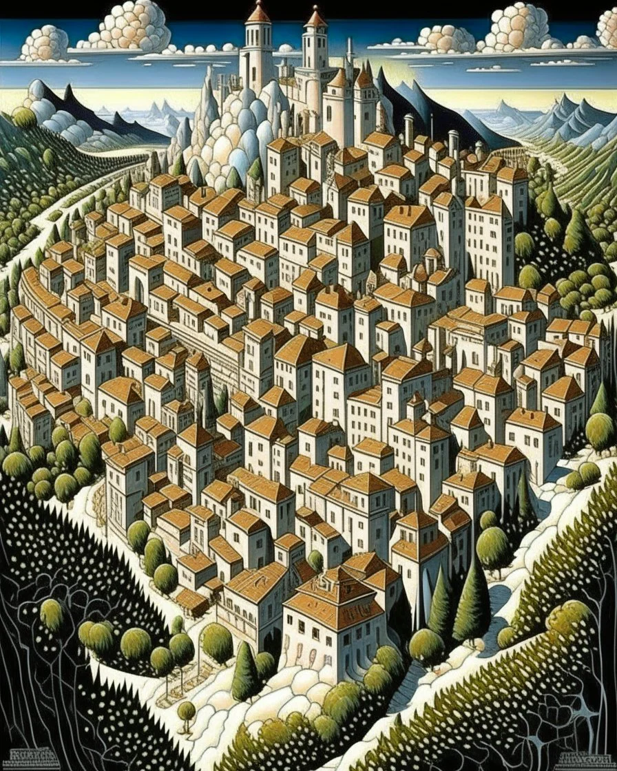 A white village in the sky painted by MC Escher