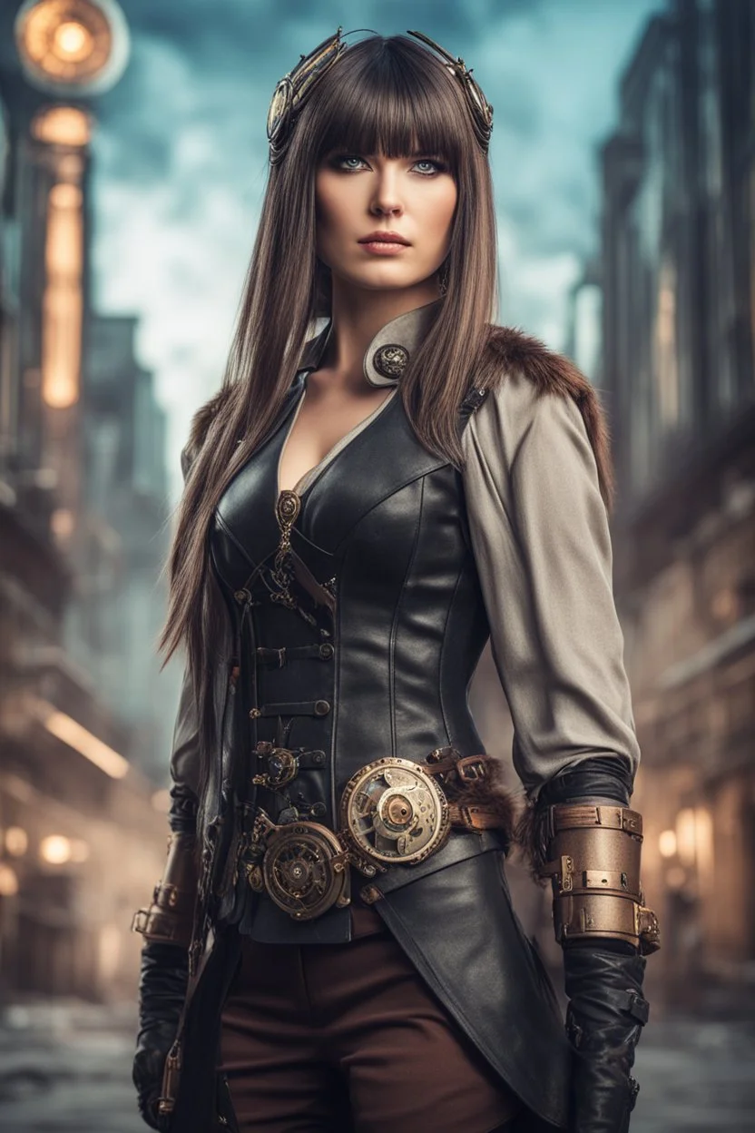 Full Body Photo Of A Woman With Straight Hair And A Fringe Hairstyle, heroic stance, Sci-Fi Steampunk street Background