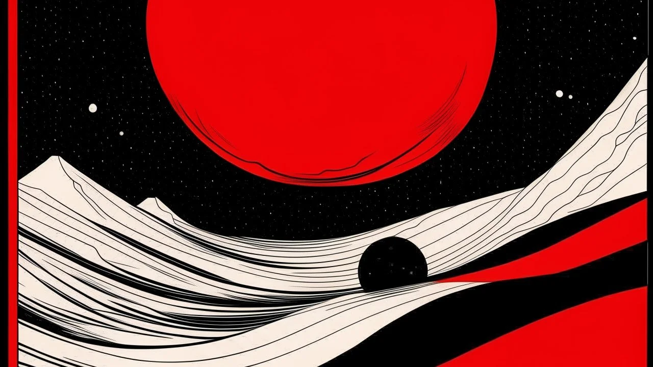 An abstract and ultra minimalist design poster by Moebius and Kuniyoshi of a red, black and white desert landscape.