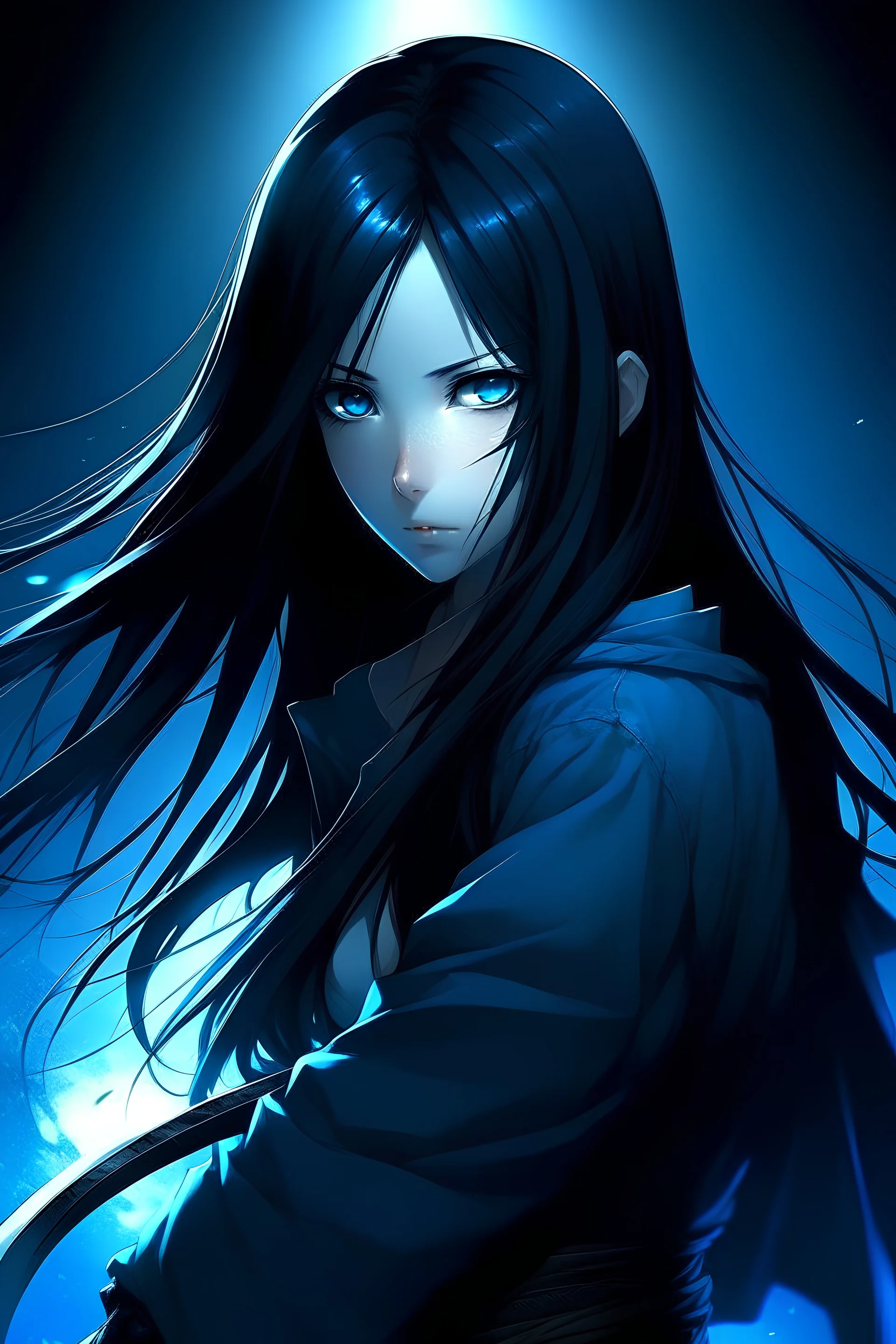 Black hair, long hair, girl, black hoodie, long pants, shining blue eyes, katana behind her back