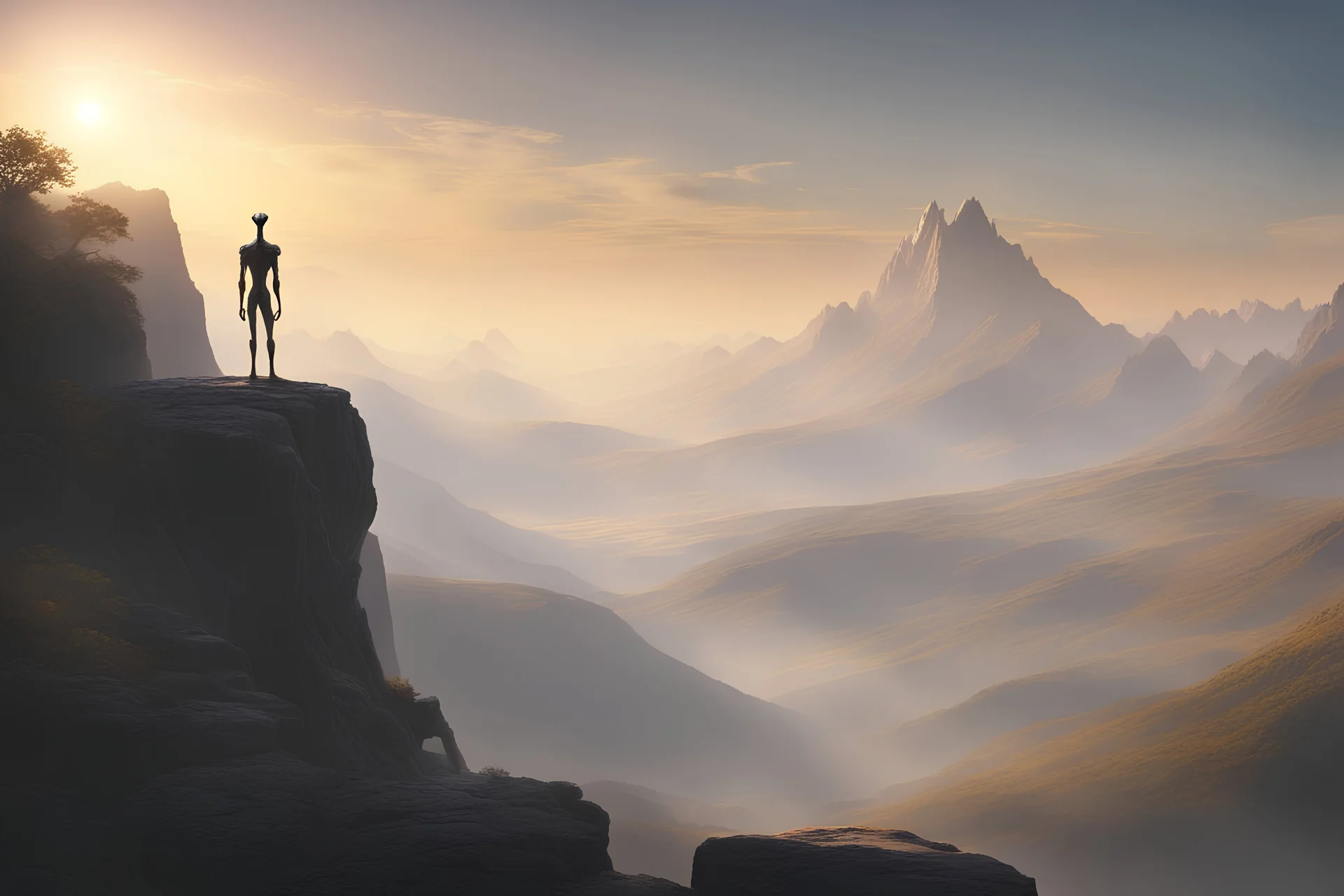 A majestic lone alien animal, standing on a rocky ledge overlooking a serene and vast mountain valley. The mountains in the distance are covered in a blanket of mist, creating an atmosphere of mystery and tranquility. The setting sun casts a warm golden glow, casting long shadows on the landscape, adding depth and contrast to the scene.