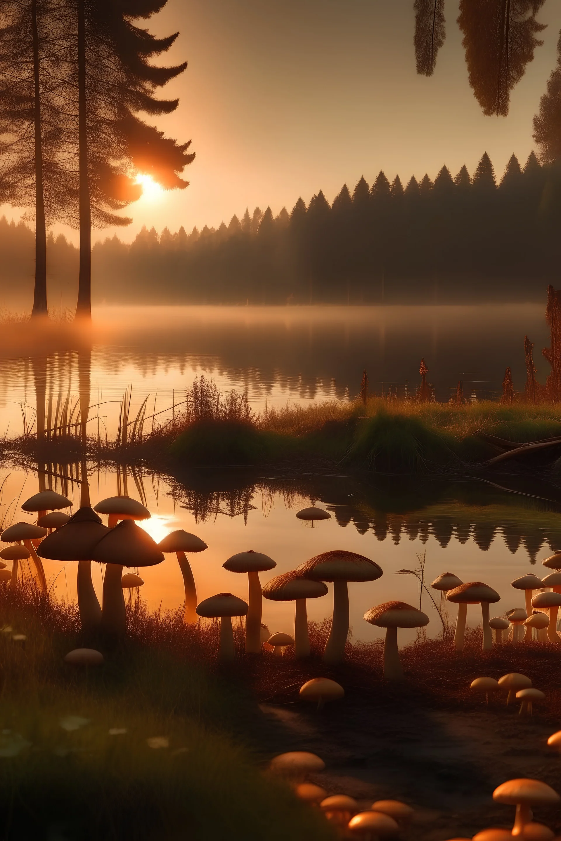 forest of mushrooms at dawn by a lake