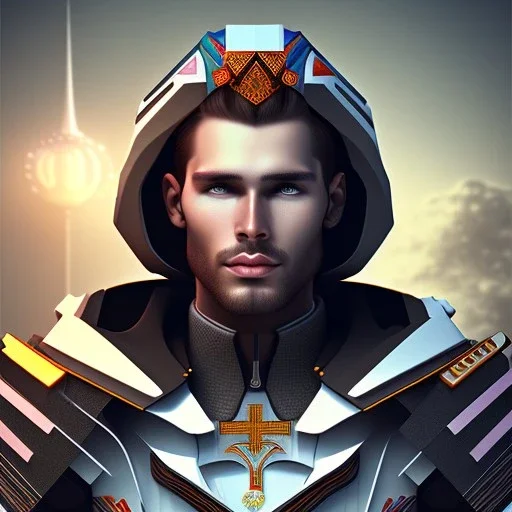 A handsome npc standing in front of a church, futuristic design, a paradise in background, close-up face, geometric armor, female face