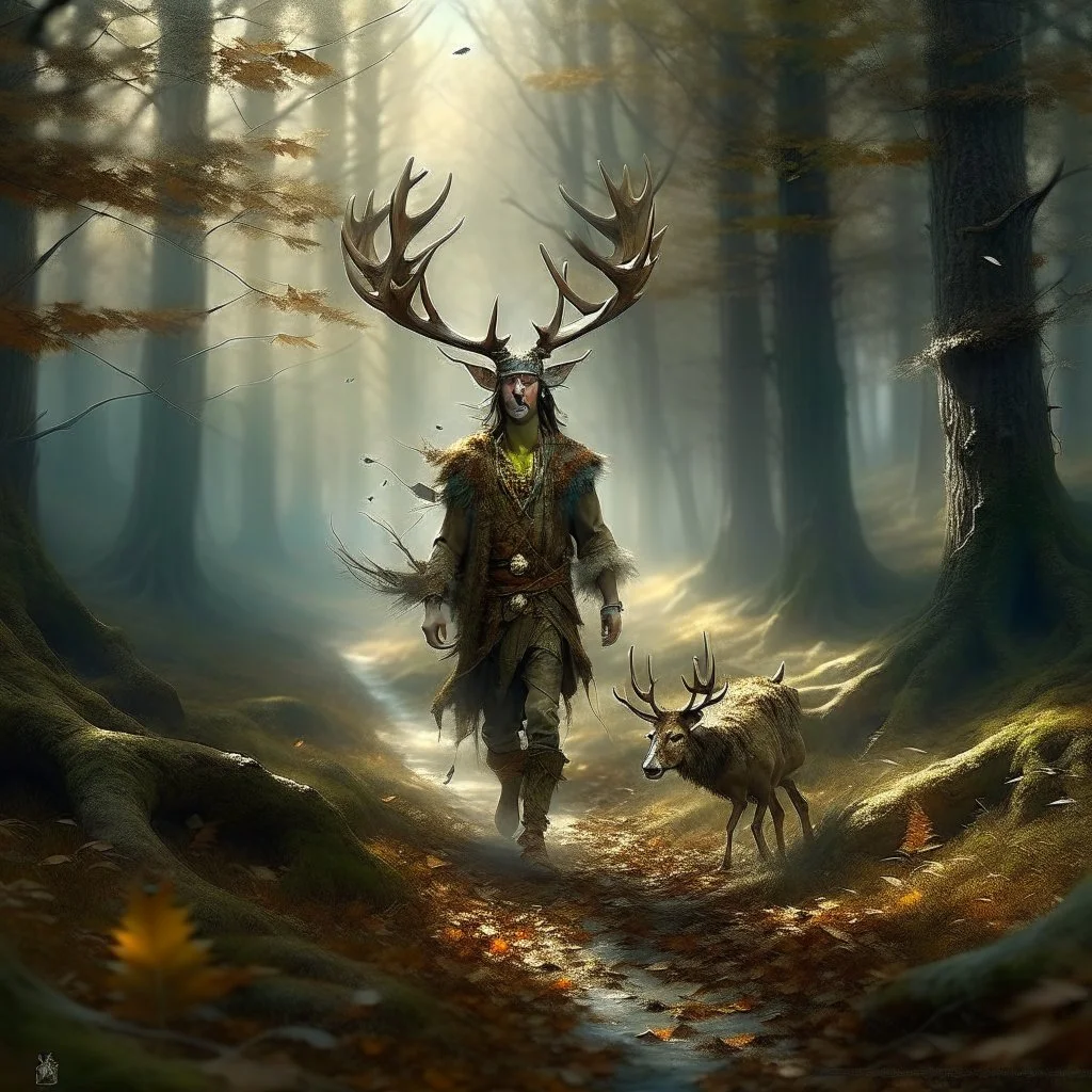 large feyman with antlers walking in the woods fantasy digital art