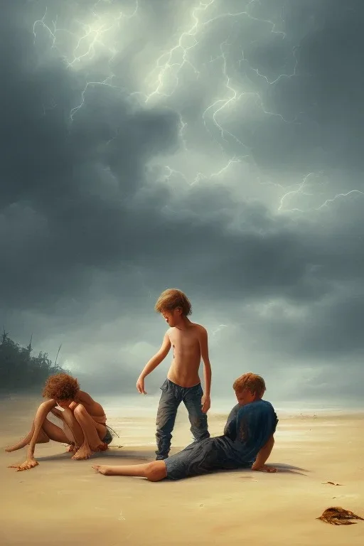 painting of boy next to man sleeping on beach, old clothes, dark storm clouds overhead, gloomy, bleak, little fires