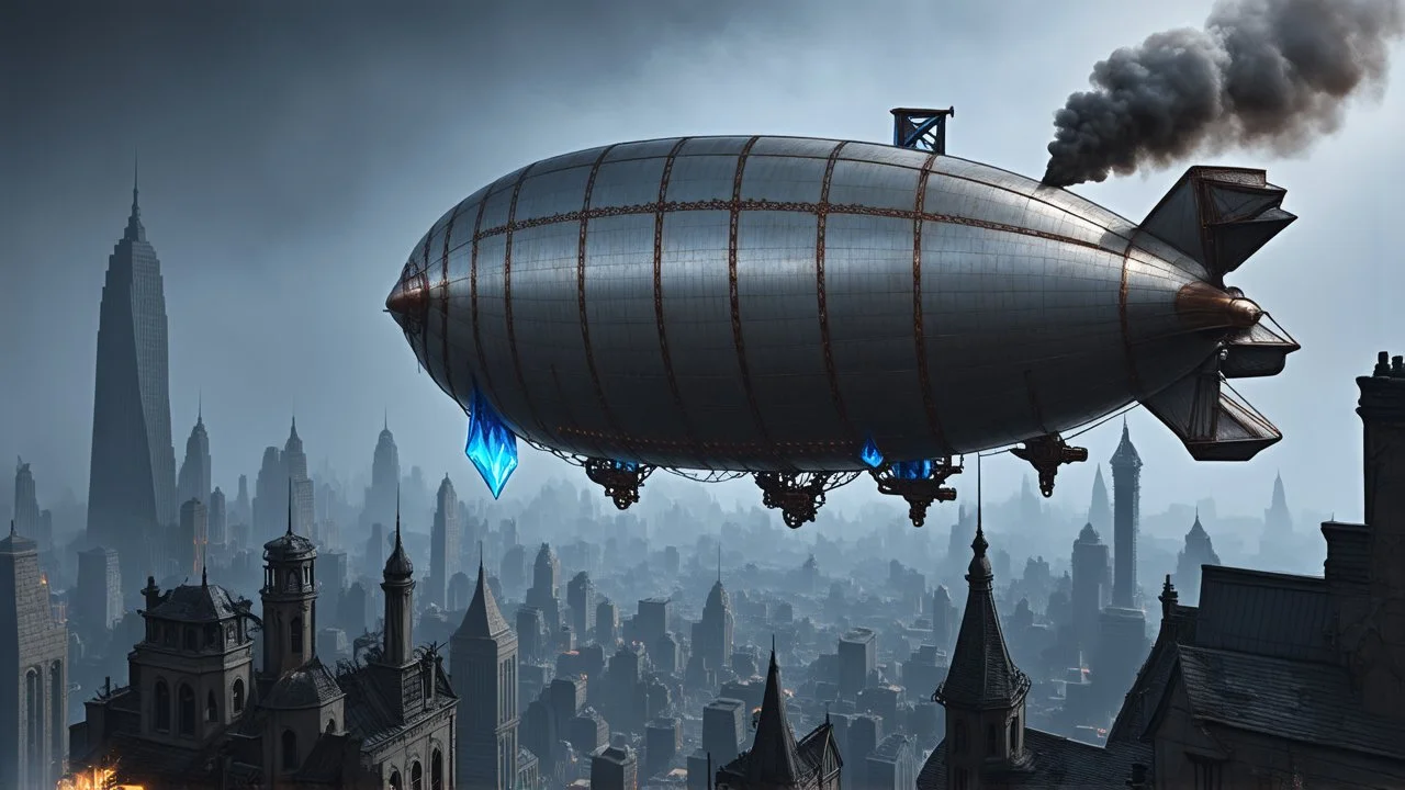 In a sprawling, fog-shrouded metropolis inspired by the intricate clockwork mechanisms of Steampunk, a majestic airship, adorned with copper filigree and glowing blue crystals, soars above the rooftops, casting a dramatic shadow over the city. It incorporates intricate gear-like architecture, hissing steam pipes, and a sense of industrial energy. The atmosphere is moody and atmospheric, with a hint of adventure and discovery." Art Style: Inspired by the intricate industrial aesthetic of Steampun