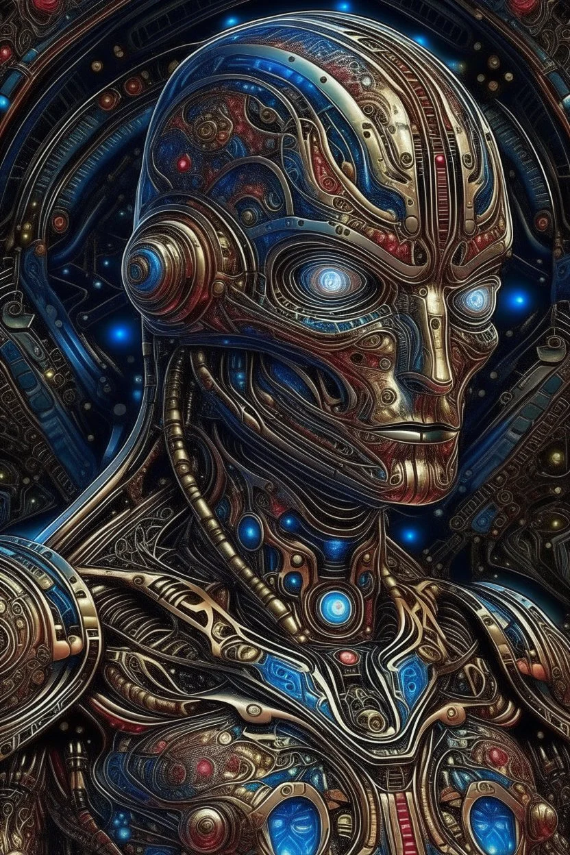 A marvelously intricate android, every feature exquisitely detailed in shimmering metallic hues, adorned with delicate etchings and glowing crystal accents. This otherworldly being is depicted in a hyper-realistic acrylic painting, showcasing the android against a backdrop of swirling cosmic galaxies. The craftsmanship is impeccable, with the colors blending seamlessly and the textures appearing almost tactile. Viewers are drawn in by the lifelike quality of the image, marveling at the skill and